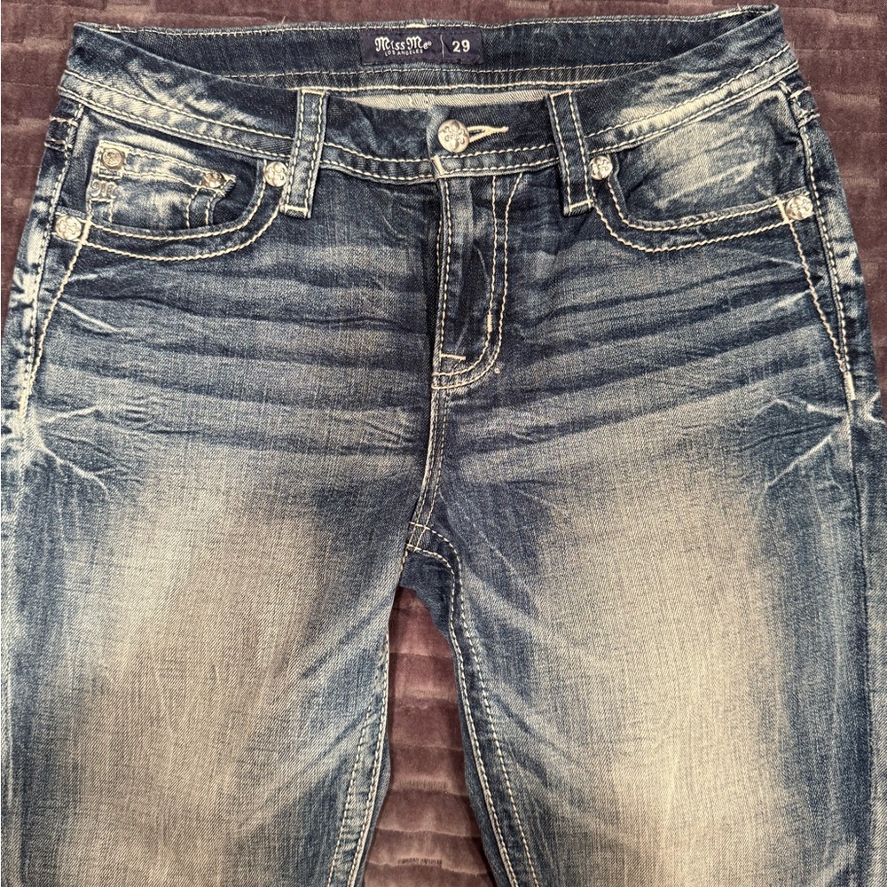 Miss Me Straight Leg Jeans - Blue with White Accents